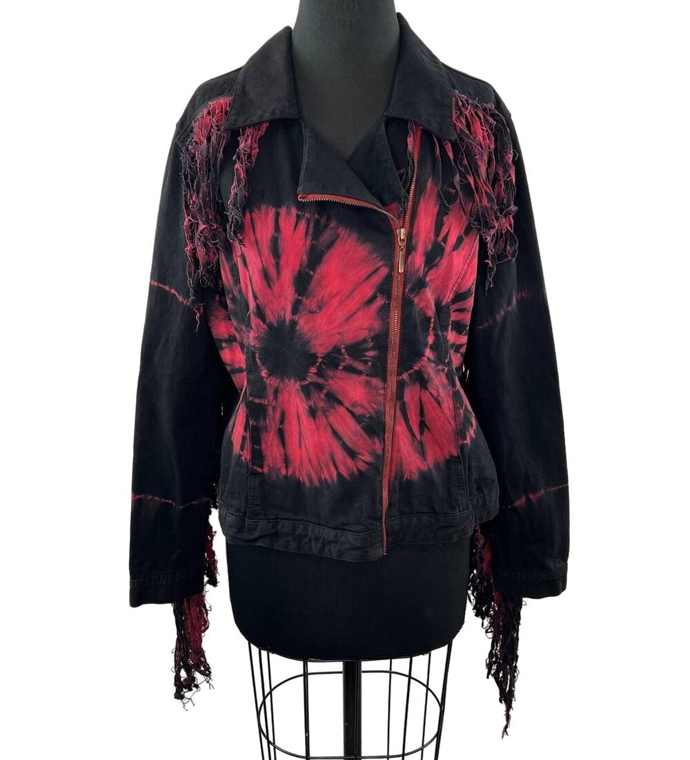 ASOS Black Red Tie-Dye Print Long Sleeve Fringe Cotton Zip Up Moto Jacket Sz 10